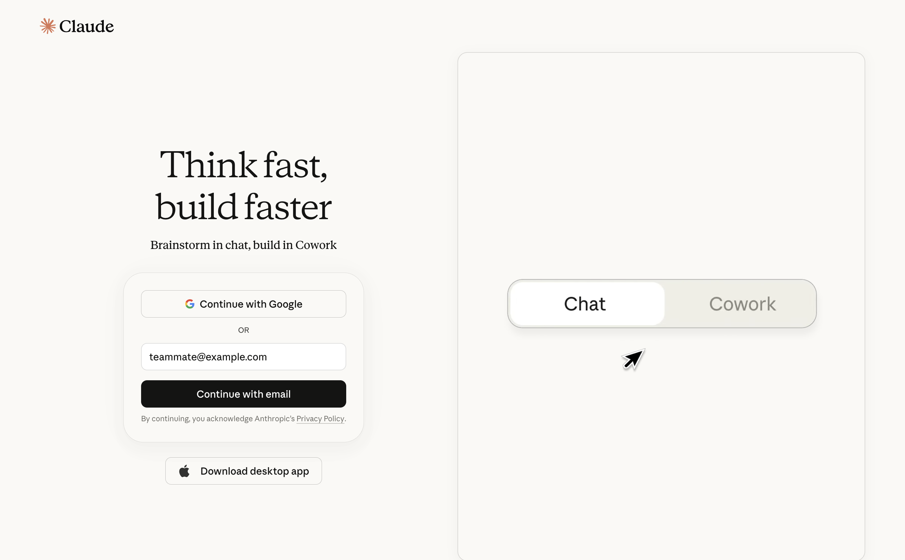 The claude.ai sign-in page with the email field and the Continue with email button