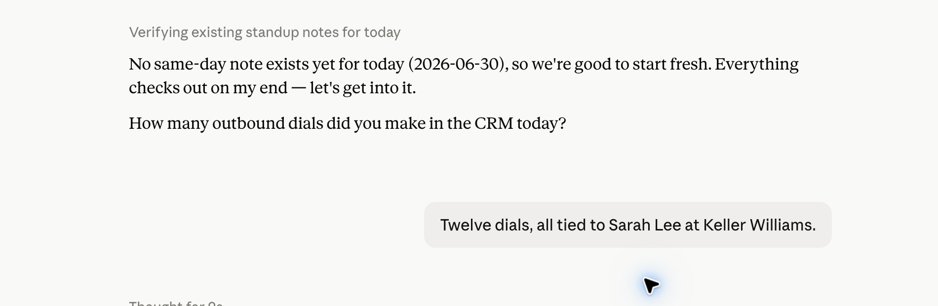The closeout chat mid-conversation: Claude asking the dials question with the loan officer's short answer underneath