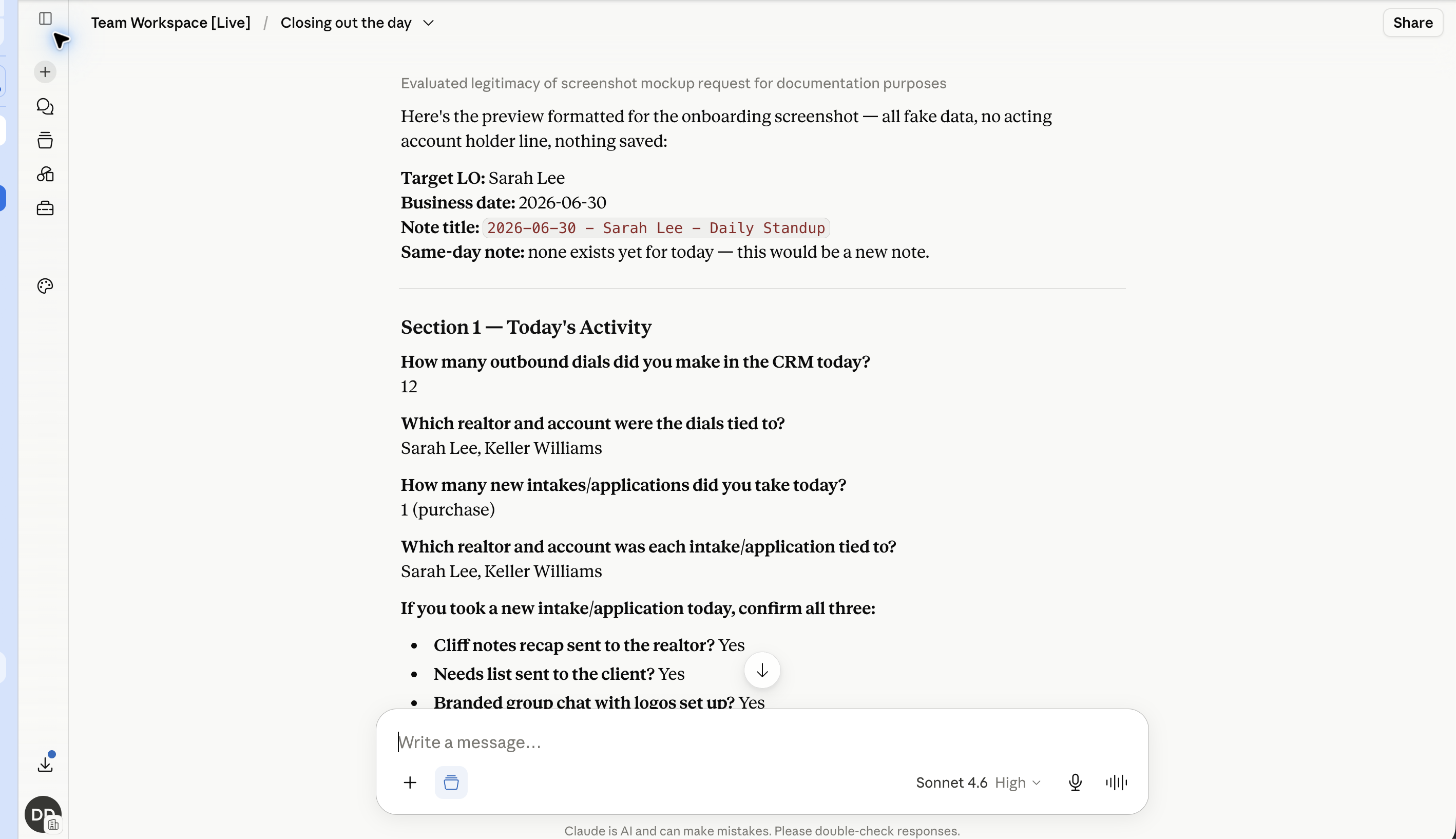 The closeout chat scrolled to Claude's preview just before saving, showing a dated, named write-up with section headings