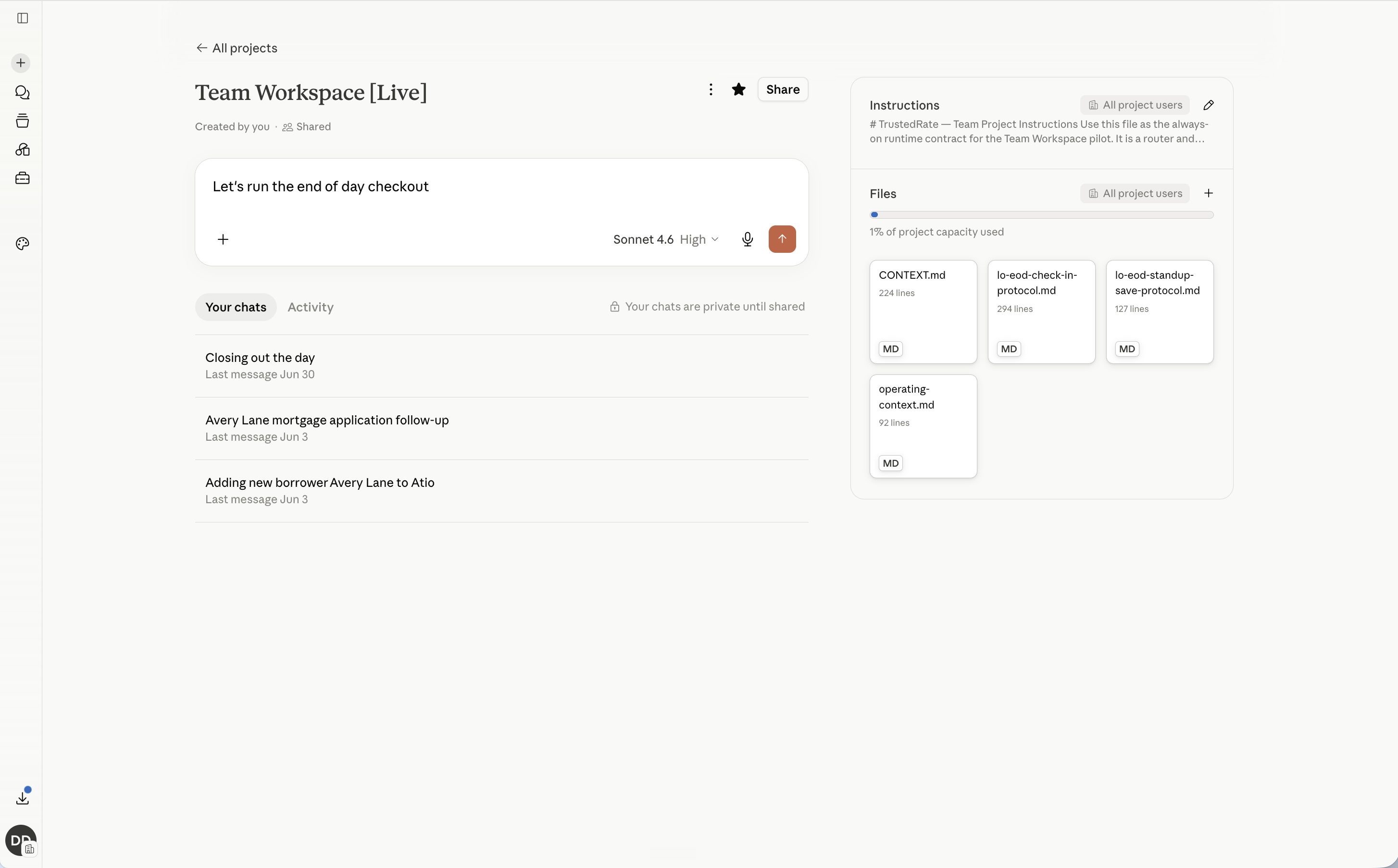 Team Workspace [Live] open, with a fresh chat being started from inside the project