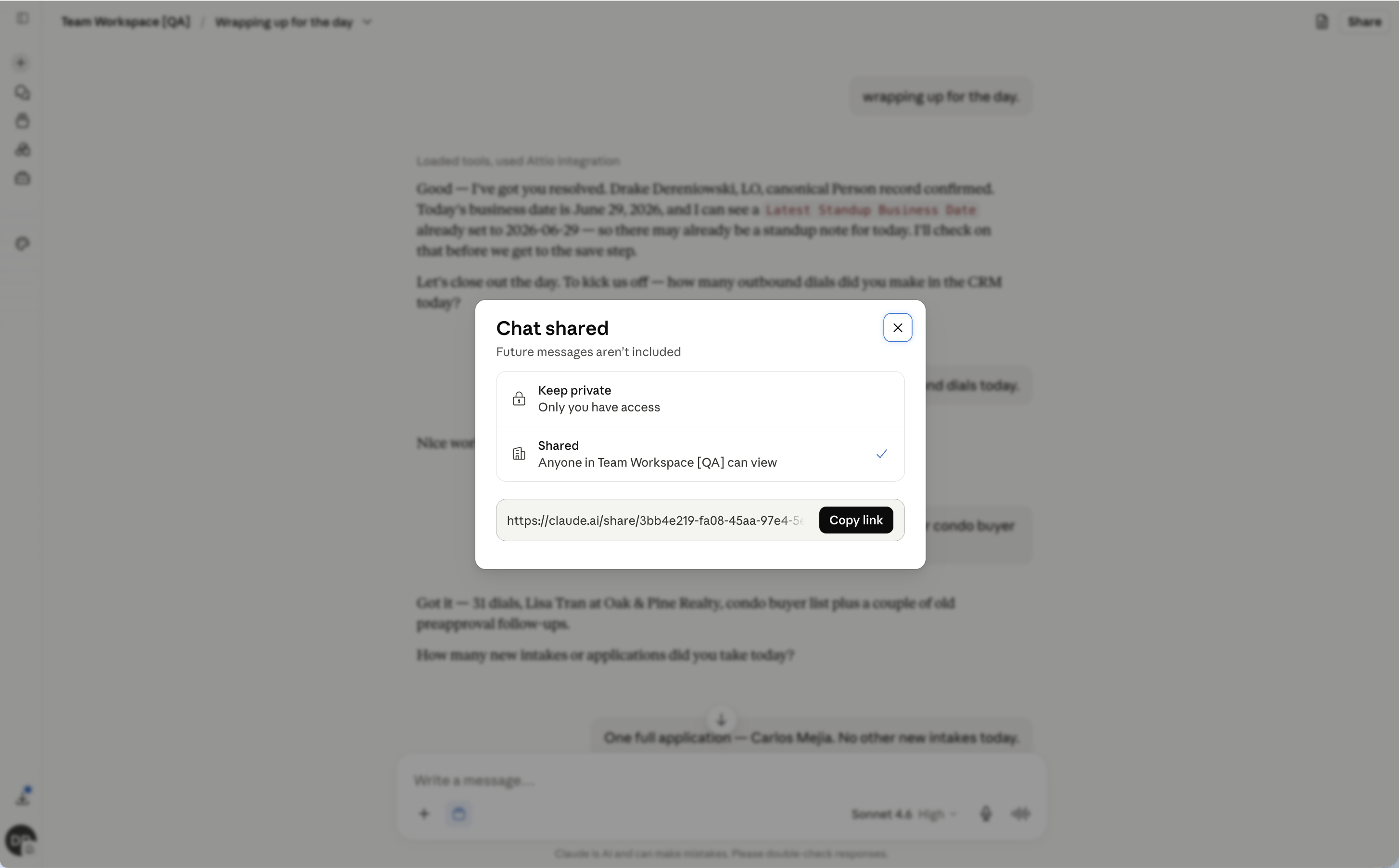The Chat shared dialog with the Shared option selected and a Copy link button